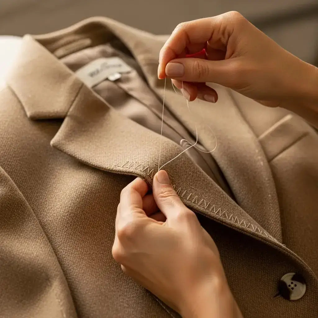 Person sewing a button onto a beige coat